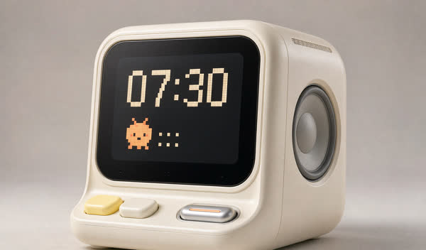 方块形态:直立的米白方体,近 4:3 的屏幕,正面底缘三个实体键,右侧一个大圆喇叭,顶部肩面一条开孔