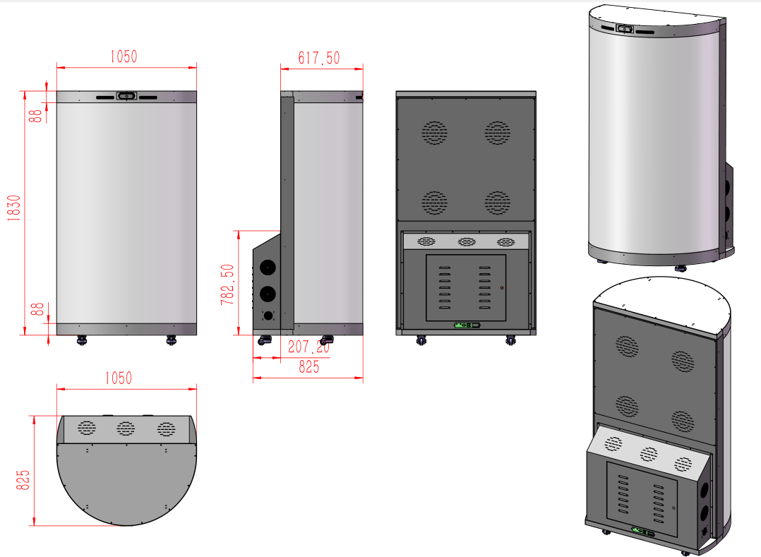Dimensional drawing of the hologram stage: front, side, rear, top views and two isometric views, with 1050 mm width, 825 mm depth and 1830 mm height